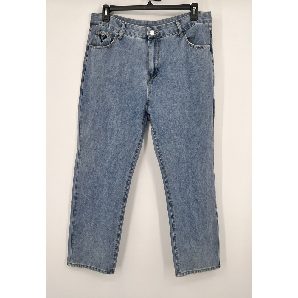 Bull Head Logo Light Wash Straight Leg Denim Jeans‎ Mens Size 36 Blue
